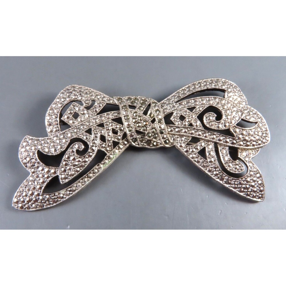 Vintage 1928 BRAND Large Silver Bow Brooch Pin MARCASITE SPARKLE Pave Look